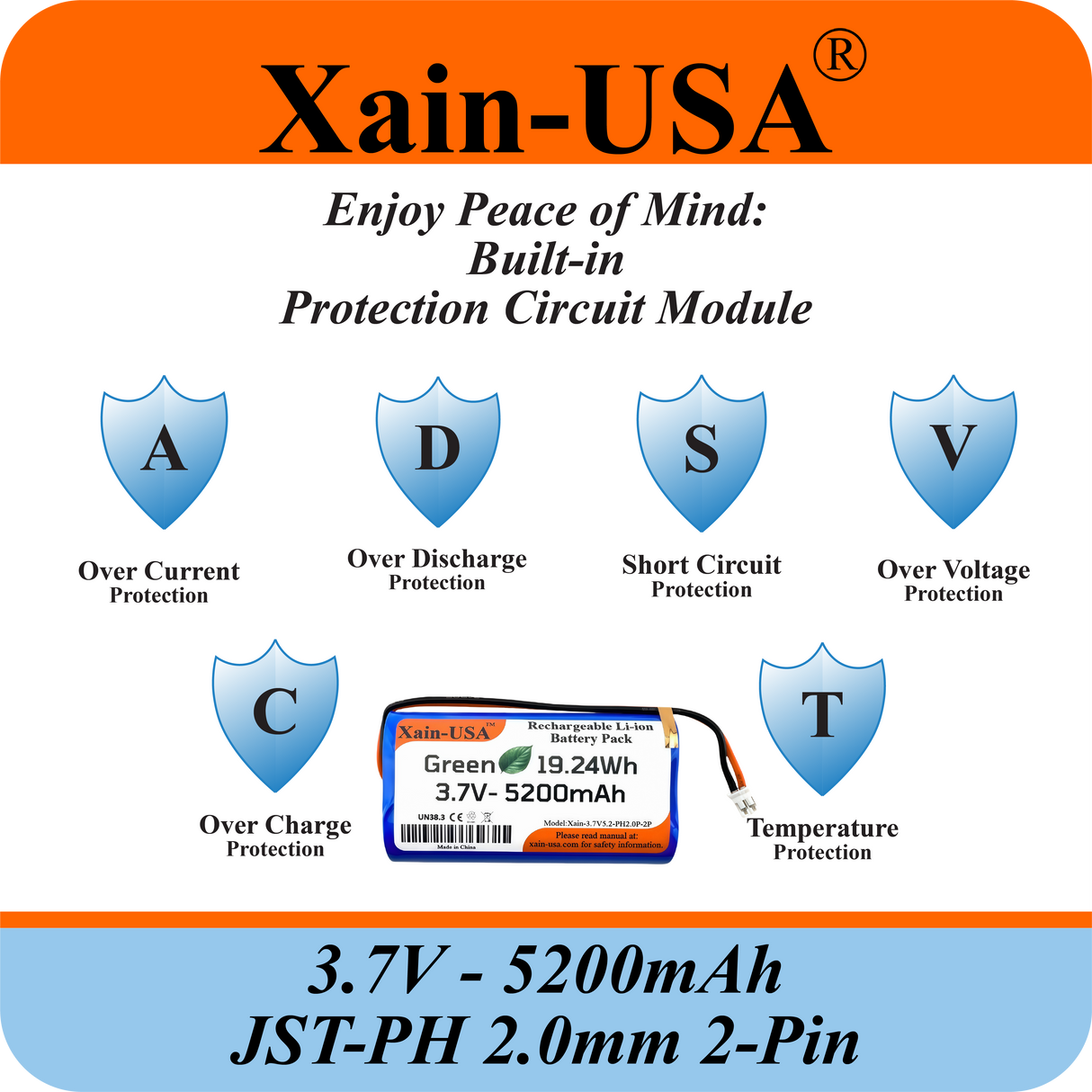 Premium 1S2P 3.7V 5200mAh / High Drain / Li-ion Battery Pack / with JST-PH 2-pin Plug / Supports 4A Continuous Discharge / Ideal for Bluetooth speakers, toys, lighting, and electronics.