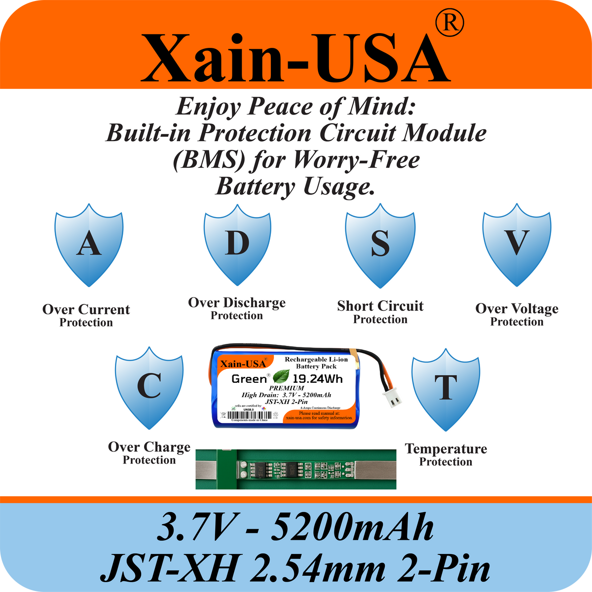 Premium 3.7V 5200mAh / High Drain / Li-ion Battery Pack / with JST-XH 2-pin Plug / Supports 4A Continuous Discharge / Ideal for Bluetooth speakers, toys, lighting, and electronics.