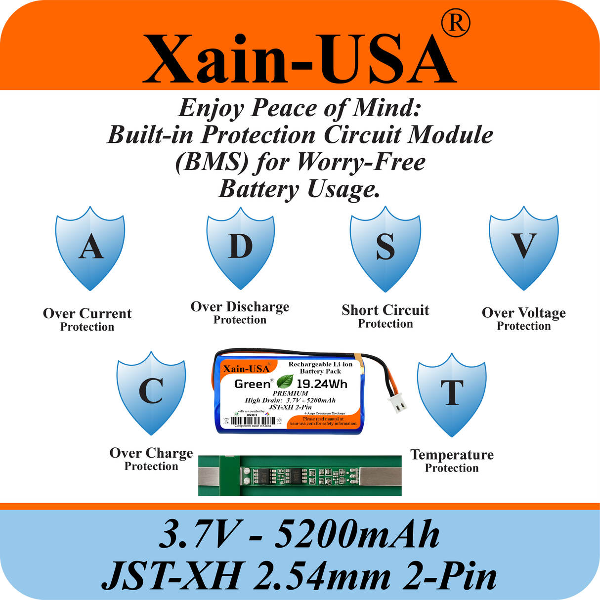 Premium 3.7V 5200mAh / High Drain / 1000+ cycles / Li-ion Battery Pack / with JST-XH 2-pin Plug / Supports 4A Continuous Discharge / Ideal for Bluetooth speakers, toys, lighting, and electronics.