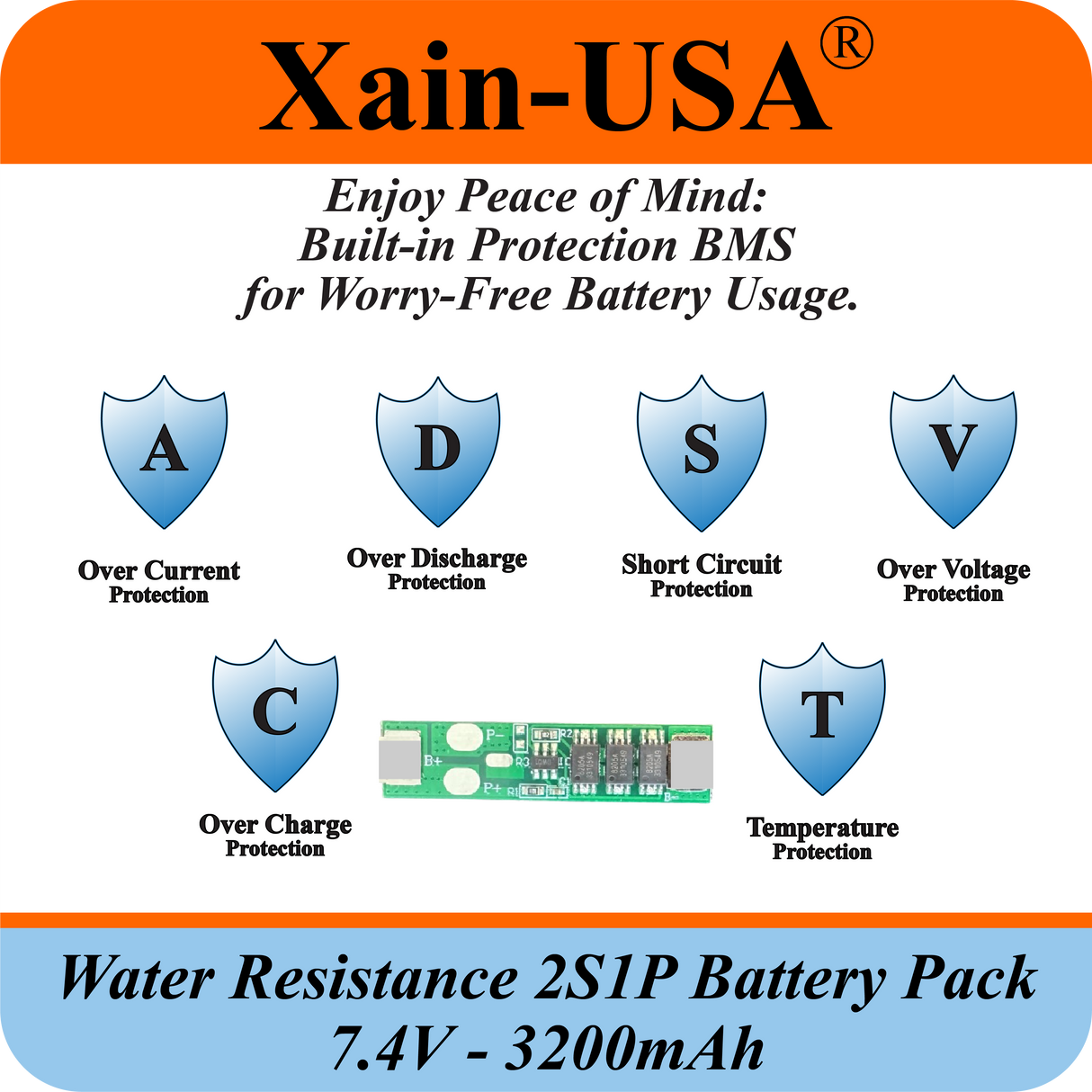 Water‑Resistant 7.4V 3200mAh Battery Pack for Bike LED Lights, DC 5.5×2.1mm Female Plug