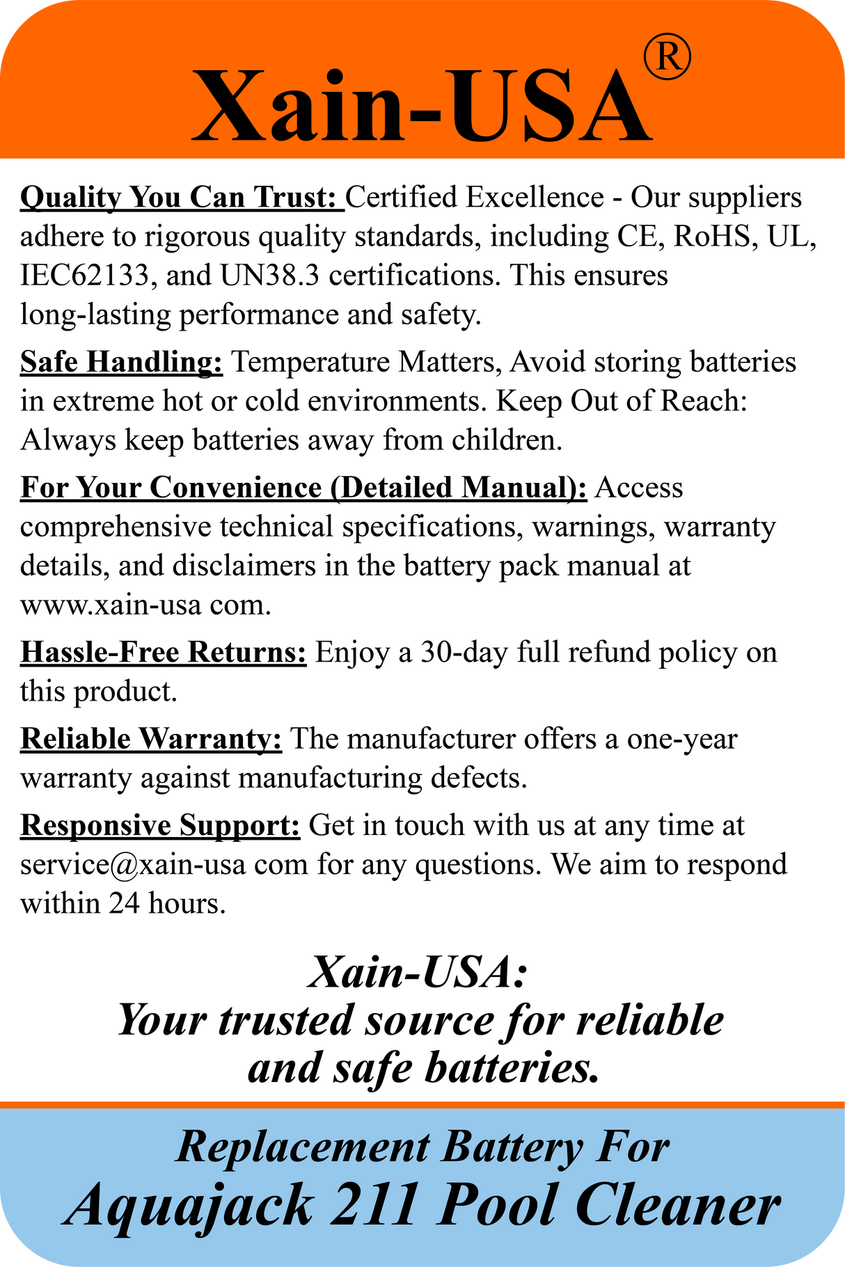 Long-Life Lithium-ion Replacement Battery for Aquajack 211 Pool Cleaner | High-Performance Xain-Xtra Cell 1000+ Charge/Discharge Cycles / 11.1V 2600mAh