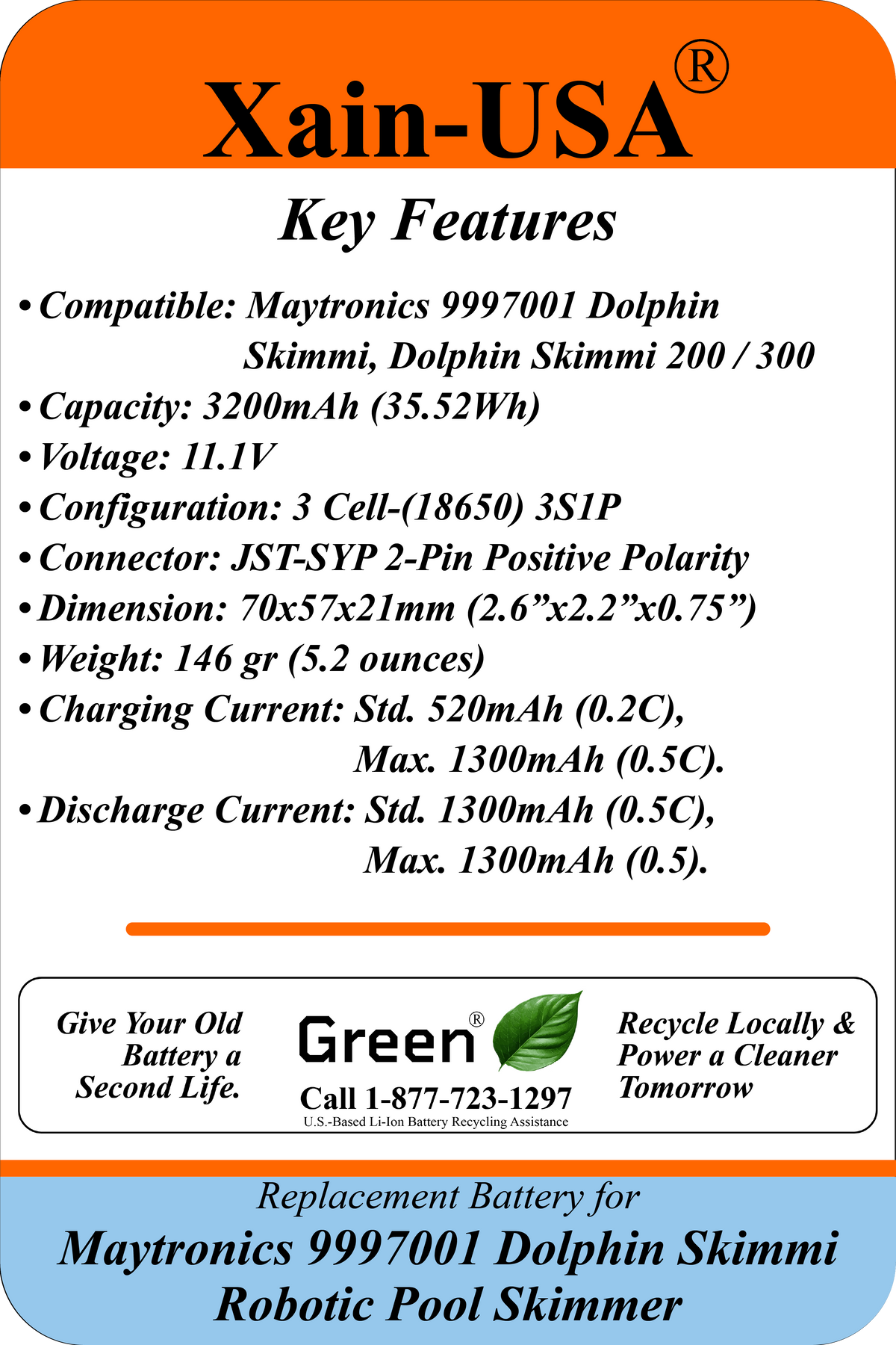 11.1V 3200mAh Replacement Battery for Maytronics 9997001 Dolphin Skimmi Robotic Pool Skimmer, Maytronics P/N 5651200-ASSY, with Built-in BMS and NTC Temperature Sensor in