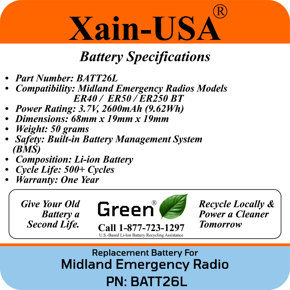 Replacement Battery for Midland Emergency Radio Models ER40 ER50 ER250BT (PN: BATT26L) 2600mAh.