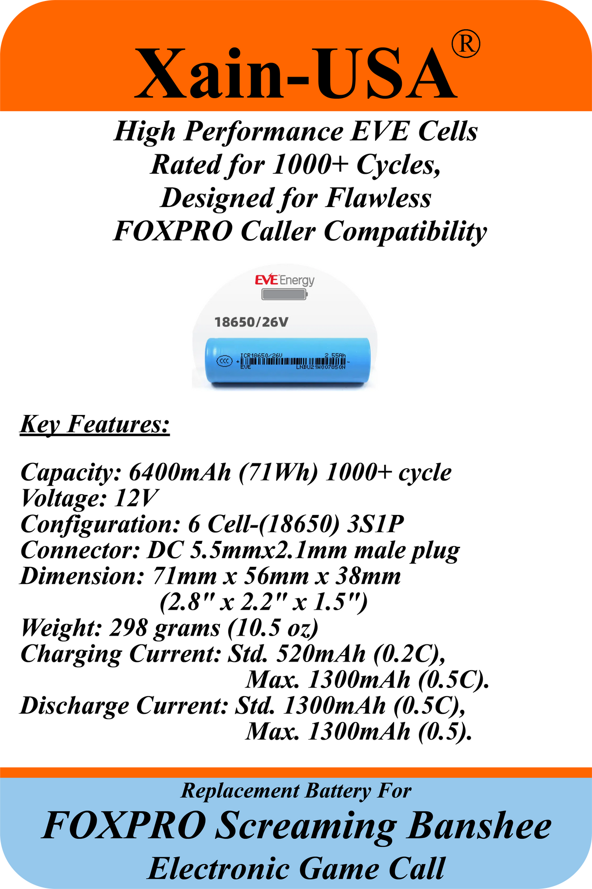 (Xain-HUNT) Powerful 6400mAh SMART Package replacement battery for FOXPRO PN: Lith/CHG & PN: 34318 / fits: Banshee, Hellfire, Krakatoa-ii, Screaming Banshee, Shockwave, Snow Commando, X1 X24 X2S Xwave