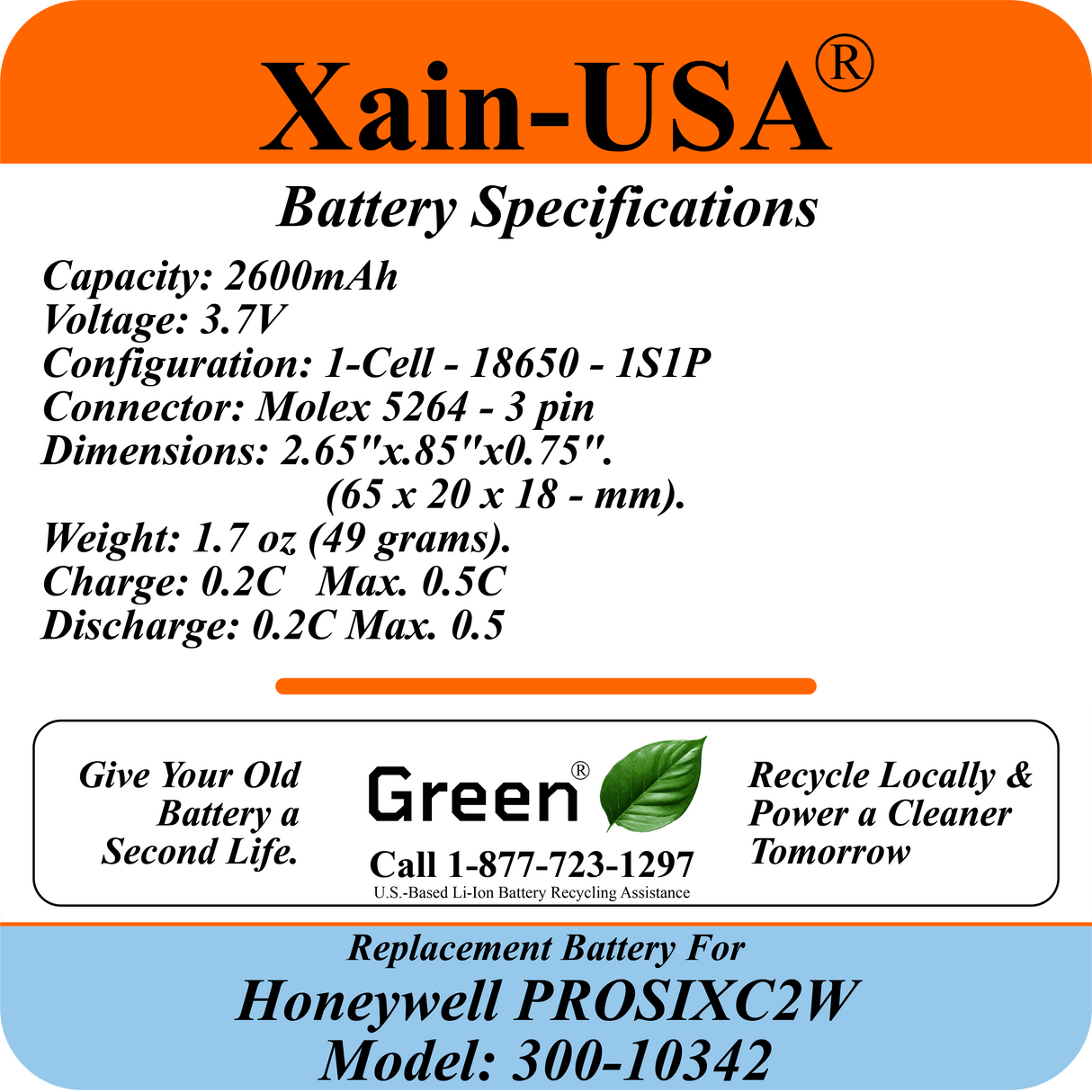 PN: 300-10342 Replacement Battery for Honeywell PROSIXC2W Converter, 3.7V 2600mAh, reliable power for seamless performance.