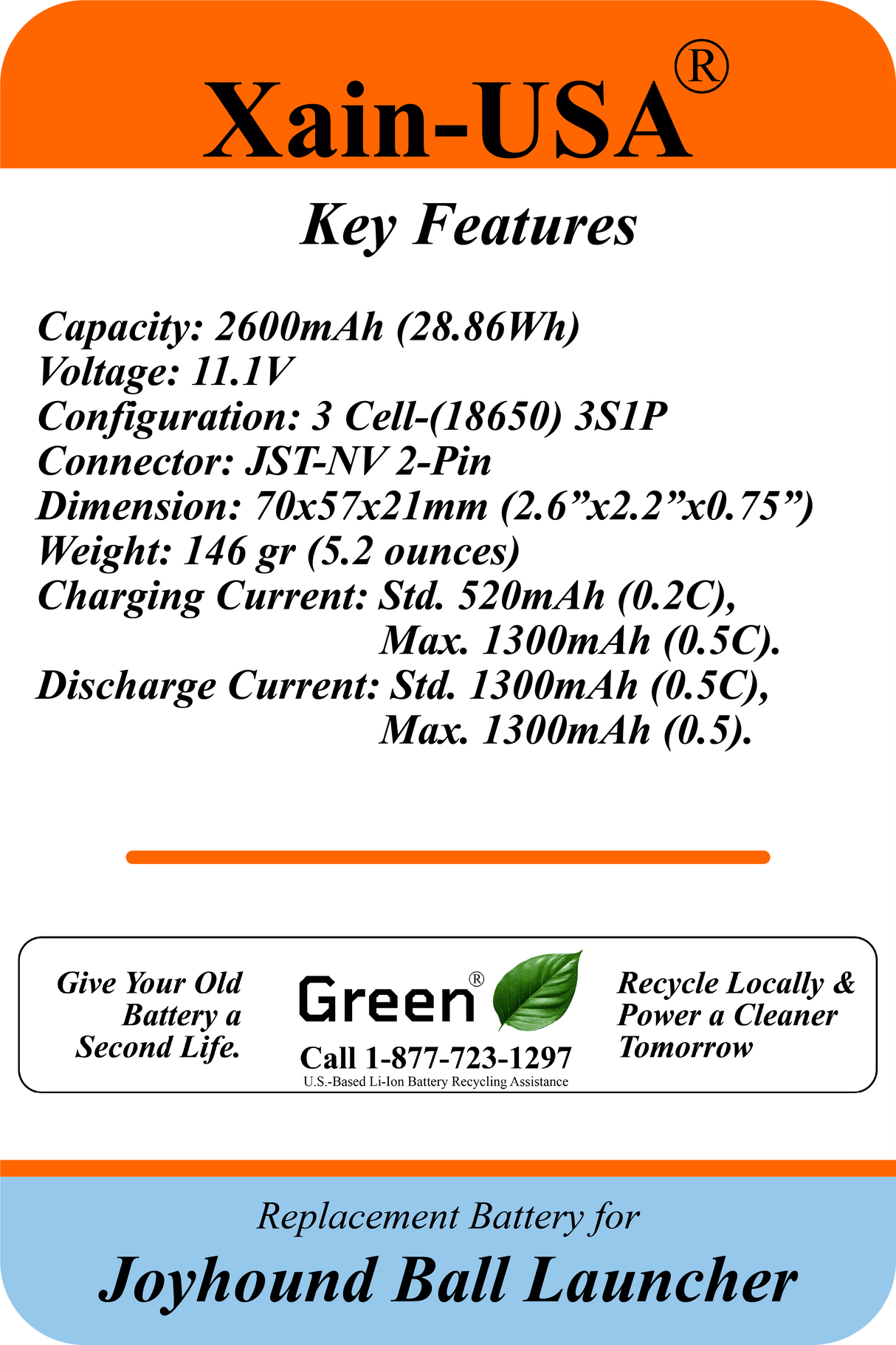 11.1V 2600mAh Replacement Battery for Joyhound Ball Launcher