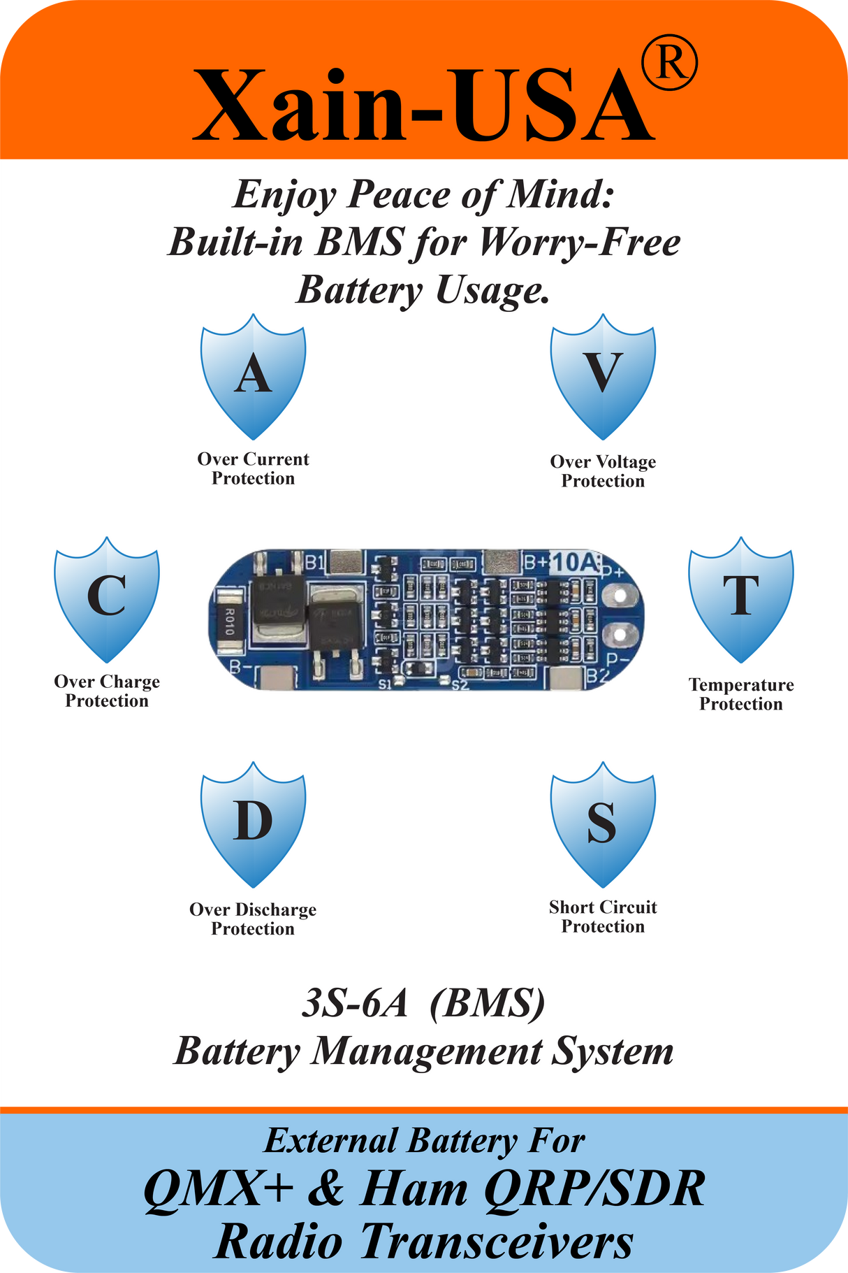 12V 3200mAh Li-ion Rechargeable External Battery – Compatible with QMX+ Transceivers & SDR/QRP Ham Radios High-Endurance Power with Xain-Xtra Cells, Rated for 1000+ Charge Cycles