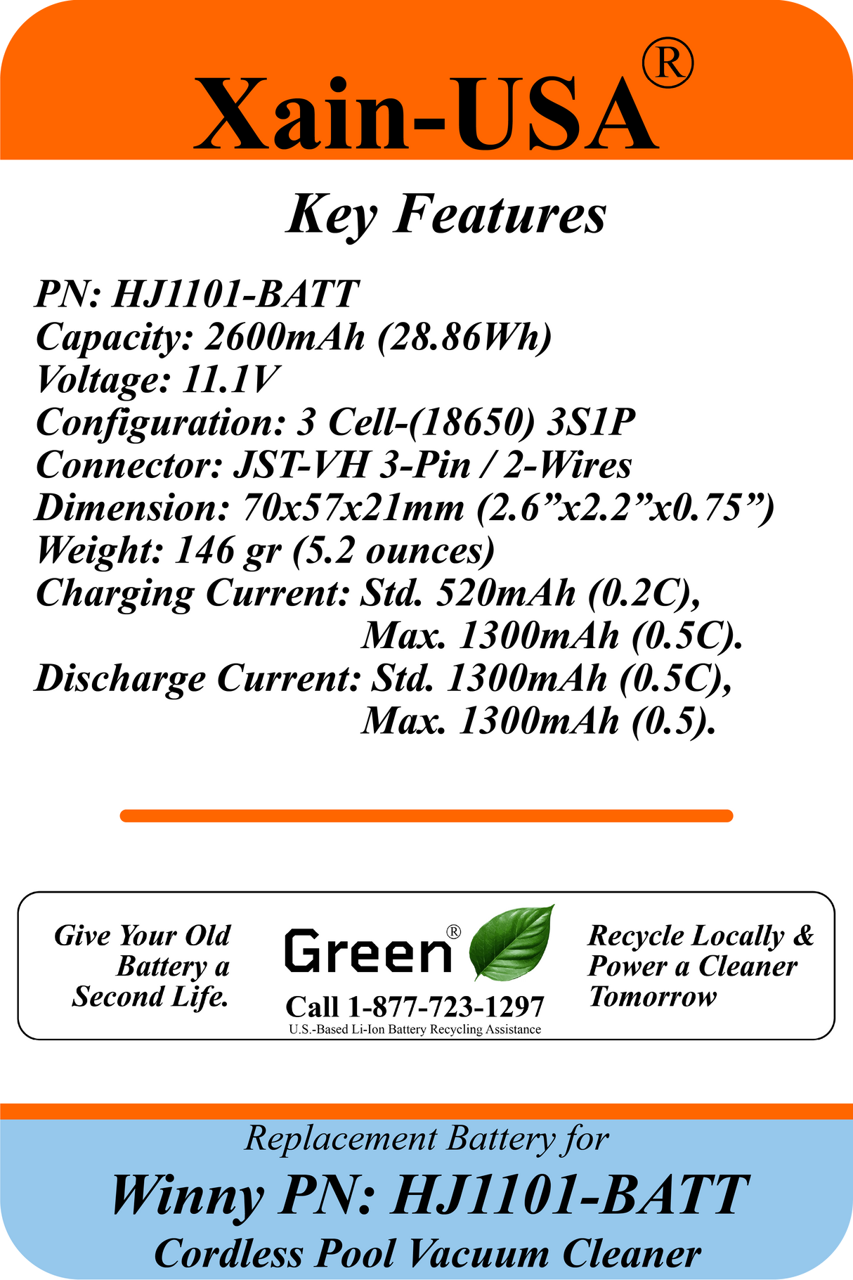 Replacement Battery Pack for Winny Models HJ1101J / HJ1101 / HJ1102 Cordless Pool Vacuum Cleaner | PN: HJ1101-BATT | High-Capacity 11.1V 2600mAh Rechargeable Lithium-Ion | Long Runtime, Direct OEM Fit