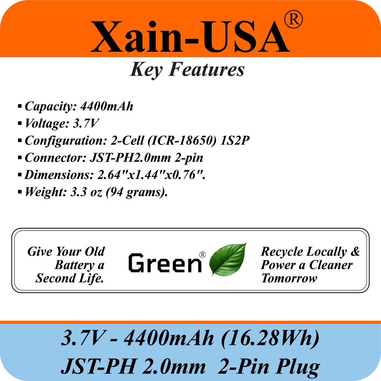 (1-Pack) 3.7V 4400mAh Li-ion Rechargeable Battery Pack with JST-PH2.0 2-Pin Connector for Electronics, LED Lighting, Low-Drain Devices, Outdoor Lights, Toys, GPS, Speakers, Fire Alarm