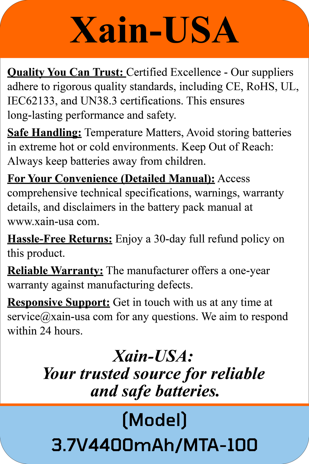 3.7V 4400mAh JST-MTA 100