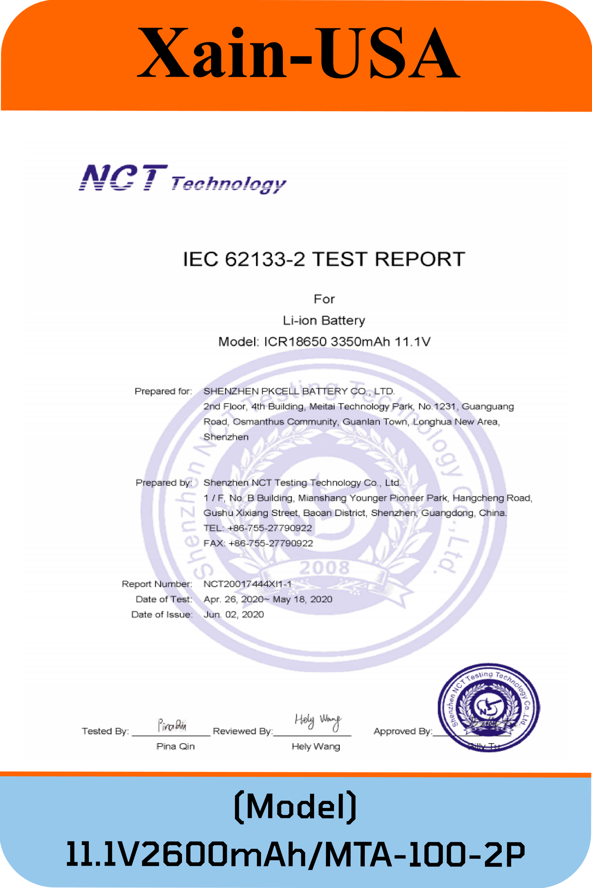 11.1V 2600mAh JST-MTA 100