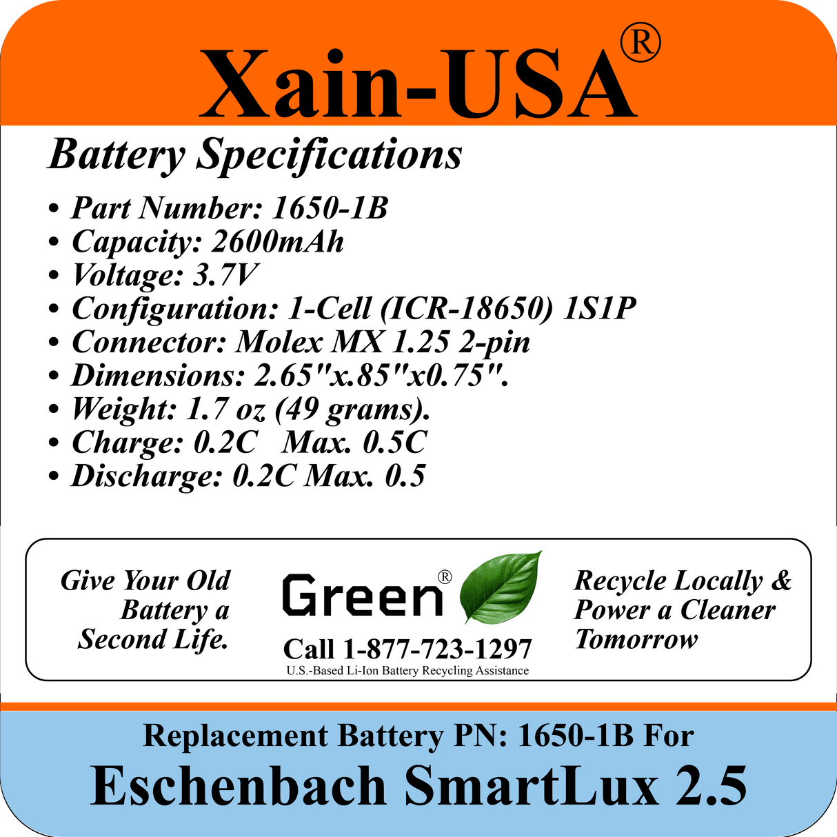 Eschenbach SmartLux 2.5 Portable Video Magnifier Replacement Battery – 2600mAh 3.7V, PN 1650-1B
