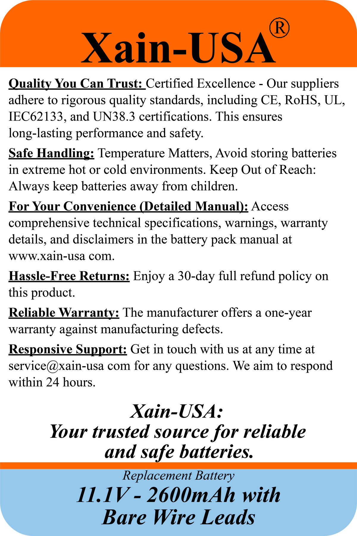 UL2054 Certified, 11.1V 2600mAh Li-ion Battery, 5A Cont., Bare Wire Leads