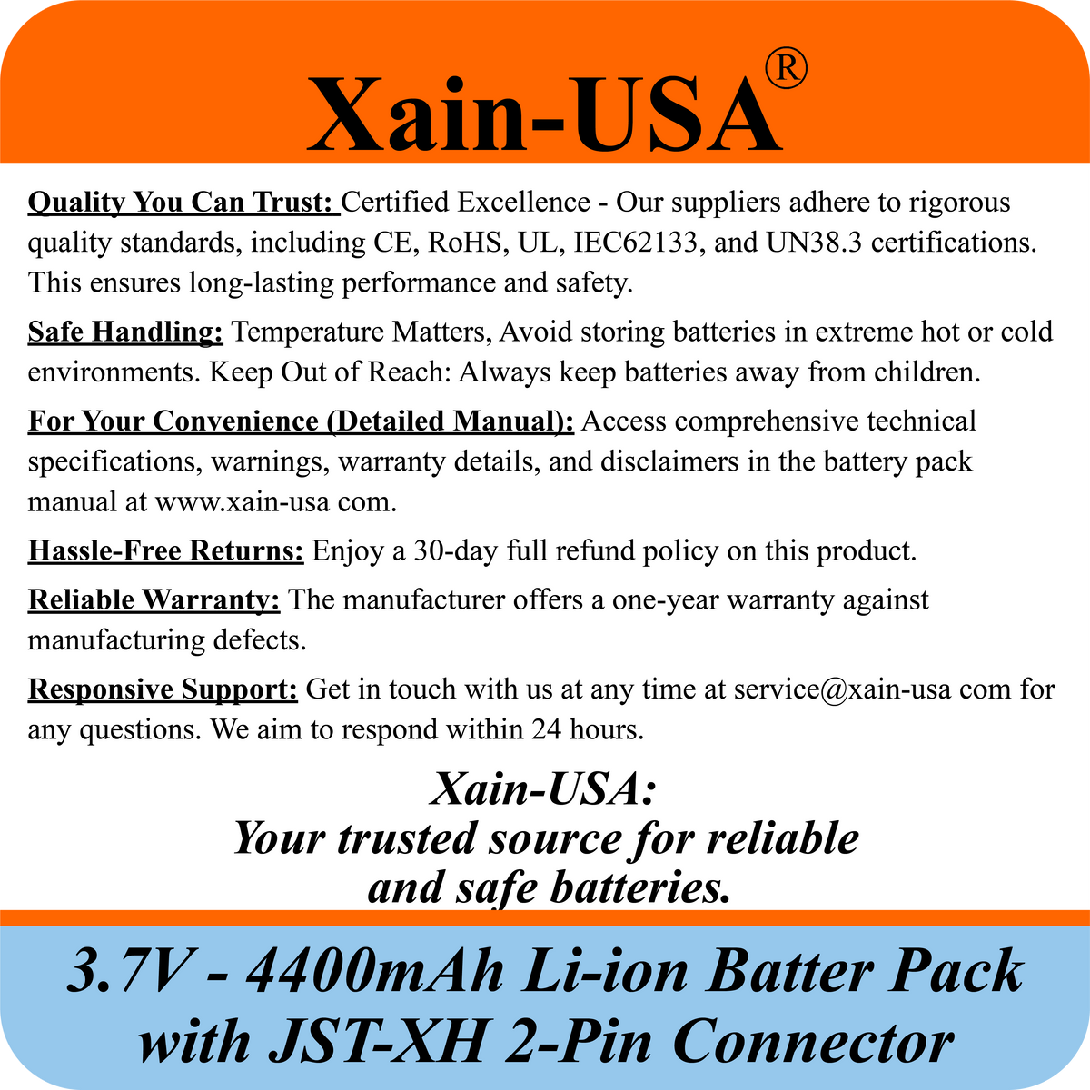 Xain-USA 3.7V 4400mAh Li-ion Battery Pack - JST-XH 2-Pin, Built-in BMS