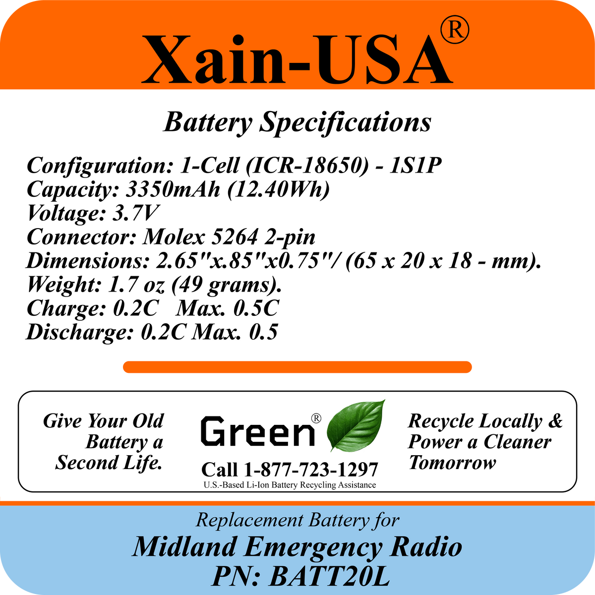 3350mAh Replacement Battery for Midland Radios PN: BATT20L First Gen. ER200 ER210 ER300 ER310