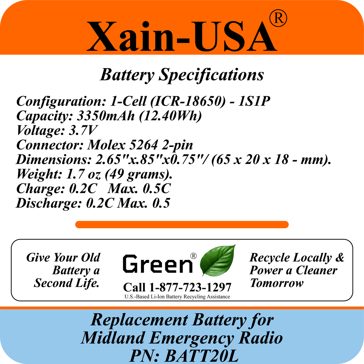 High Capacity 3350mAh Rechargeable Replacement Battery — Compatible with Midland Emergency Weather Radios | Part No. BATT20L | Fits First-Generation ER200, ER210, ER300, and ER310 Models
