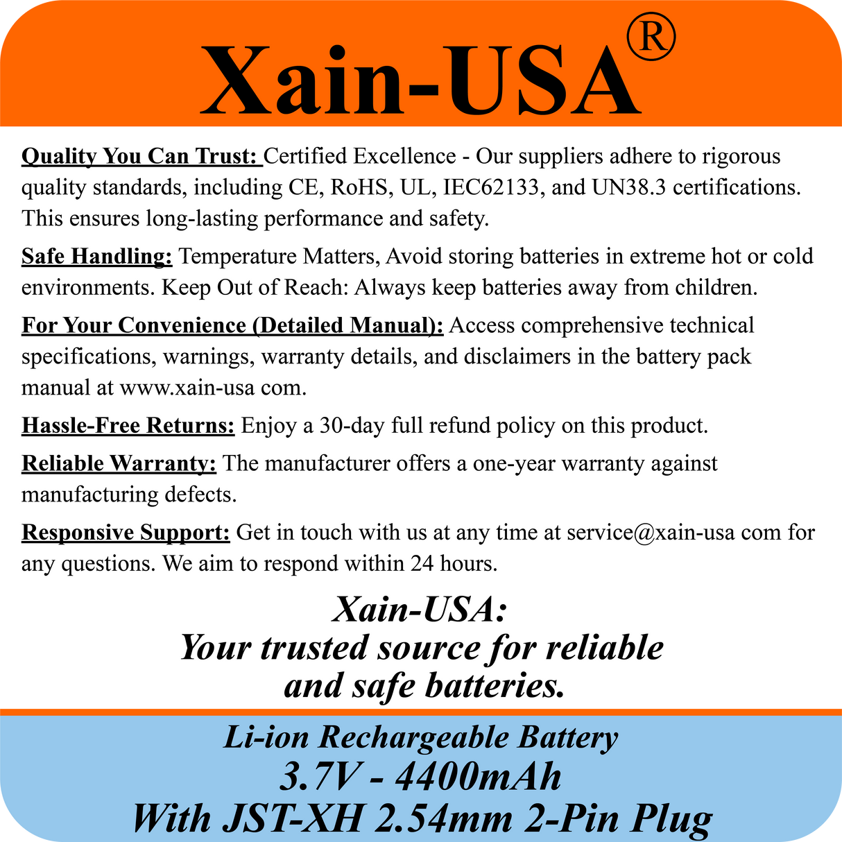 3.7V 4400mAh Li-ion Replacement Battery with JST-XH 2P 2.54mm Connector for Ortizan 24W Bluetooth Speaker IPX7, RC Toys, Lighting, DIY Equipment