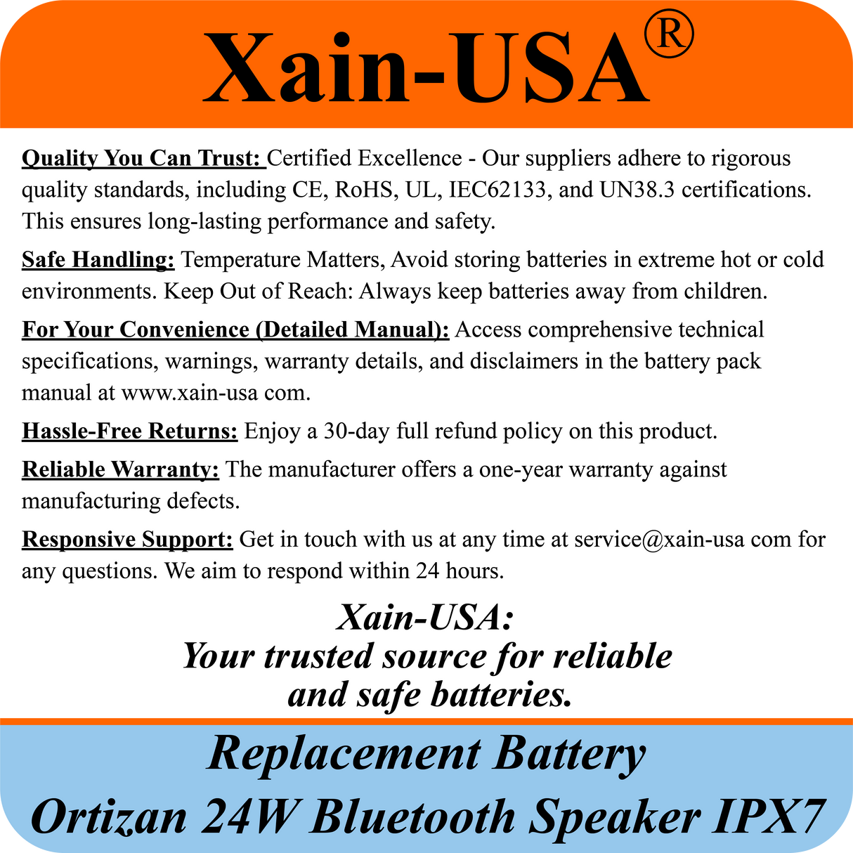 (2-Pack) Replacement Battery for Ortizan 24W Bluetooth Speaker IPX7 – 3.7V 4400mAh 16.28Wh Li-ion Rechargeable Pack with JST-XH 2P 2.54mm Connector