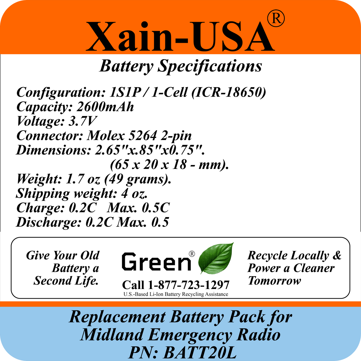(2-Pack) 2600mAh Replacement Battery for Midland Emergency Radio PN: BATT20L, 1st Gen. ER200 / ER210 / ER300 / ER310