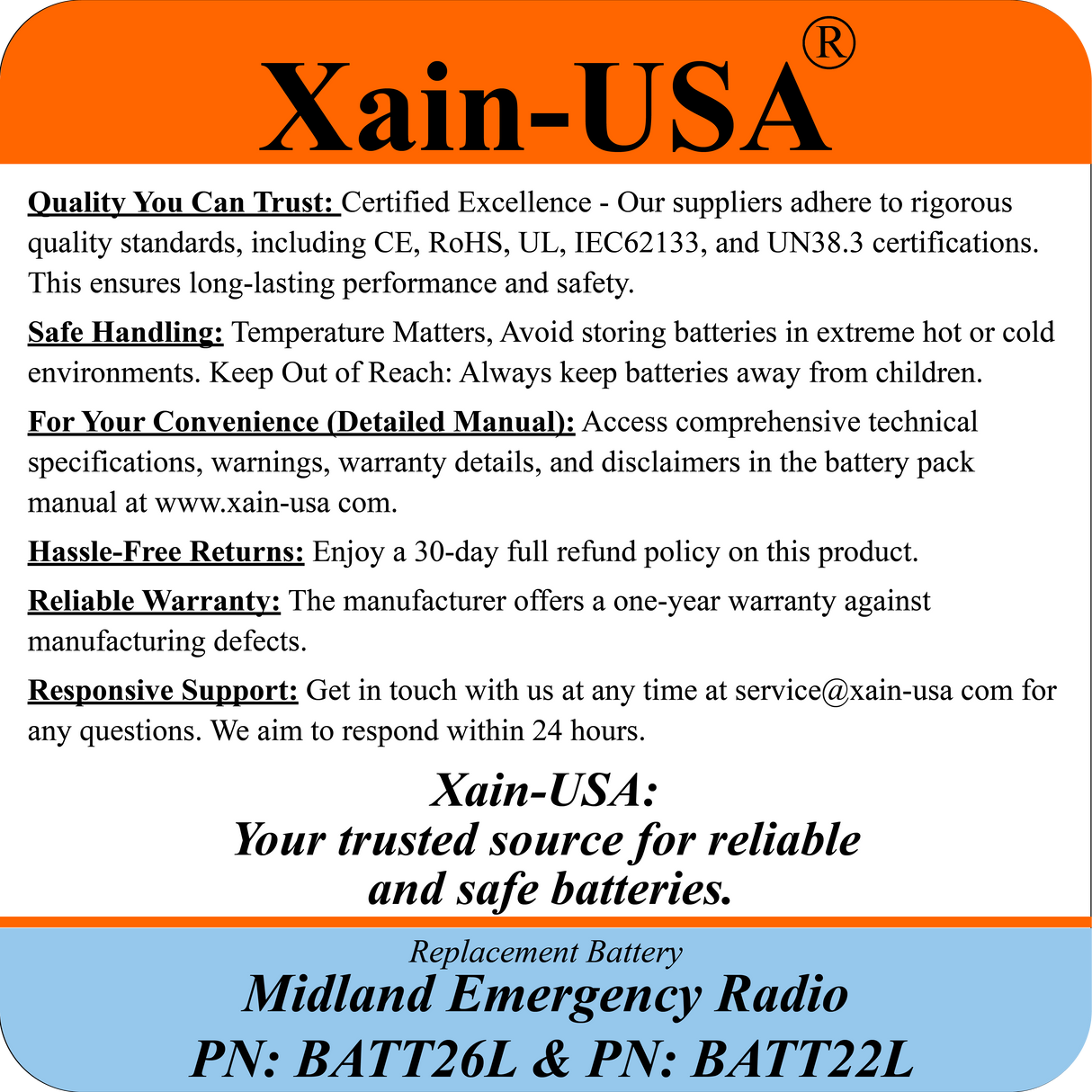 Battery Replacement for Midland ER210/ER310 (2nd Gen.) / PN: BATT26L and PN:BATT22L / 2600mAh / with Built-in BMS