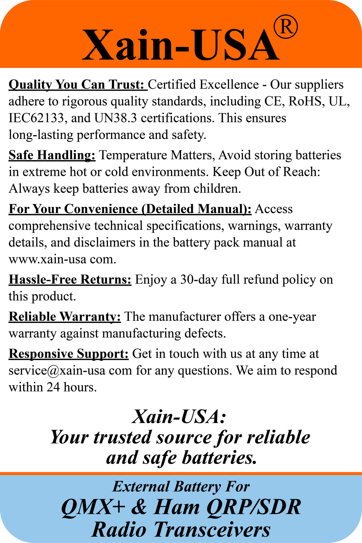 12V 3200mAh Li-ion Rechargeable External Battery – Compatible with QMX+ Transceivers & SDR/QRP Ham Radios High-Endurance Power with Xain-Xtra Cells, Rated for 1000+ Charge Cycles