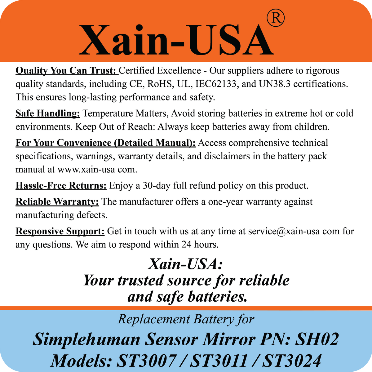 7800mAh Replacement Battery for Simplehuman Mirror PN: SH02 ST3007 ST3011 ST3024