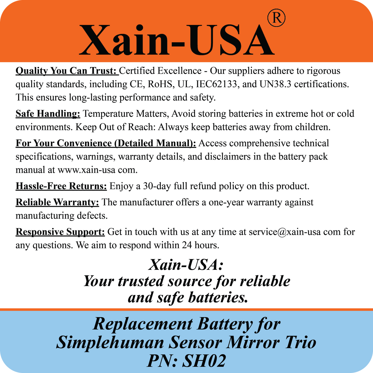 7800mAh ULTRA-CAPACITY Replacement Battery for Simplehuman PN:SH02 Models ST3007 ST3011 & ST3024 Sensor Mirror Trio, 3.7V Rechargeable Li-ion Pack, Built with Xain-Xtra Cells for 1000+ Cycles.