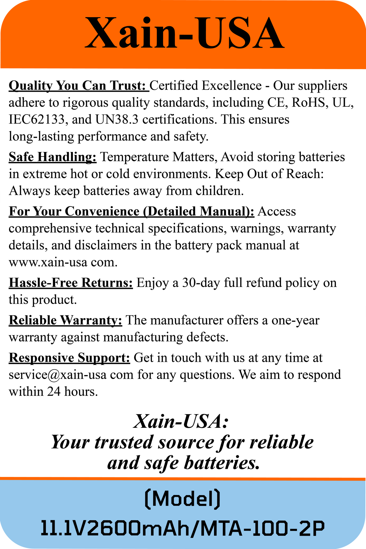 11.1V 2600mAh JST-MTA 100