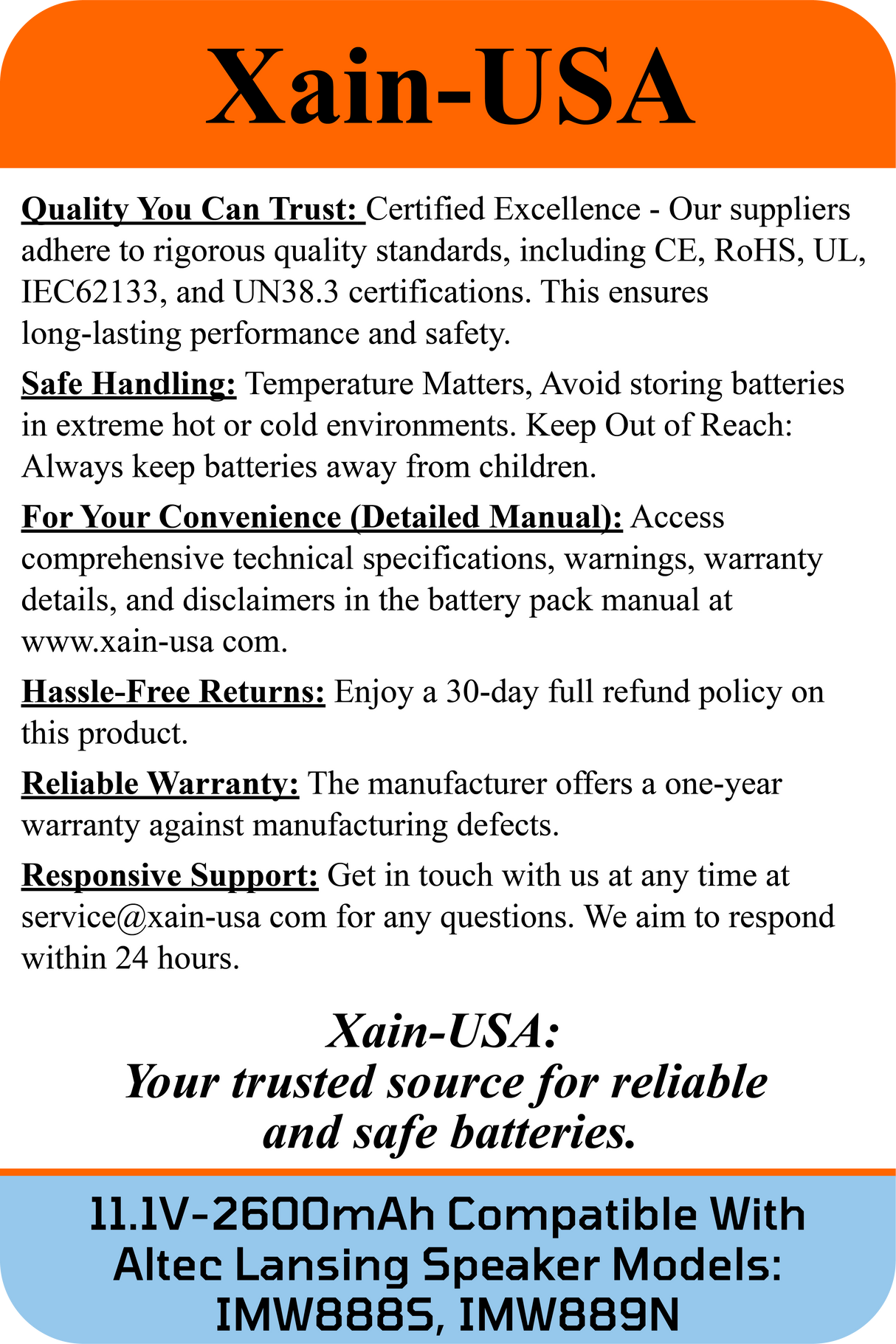 11.1V 2600mAh JST-PH 2.0 for Altec Lansing Speakers