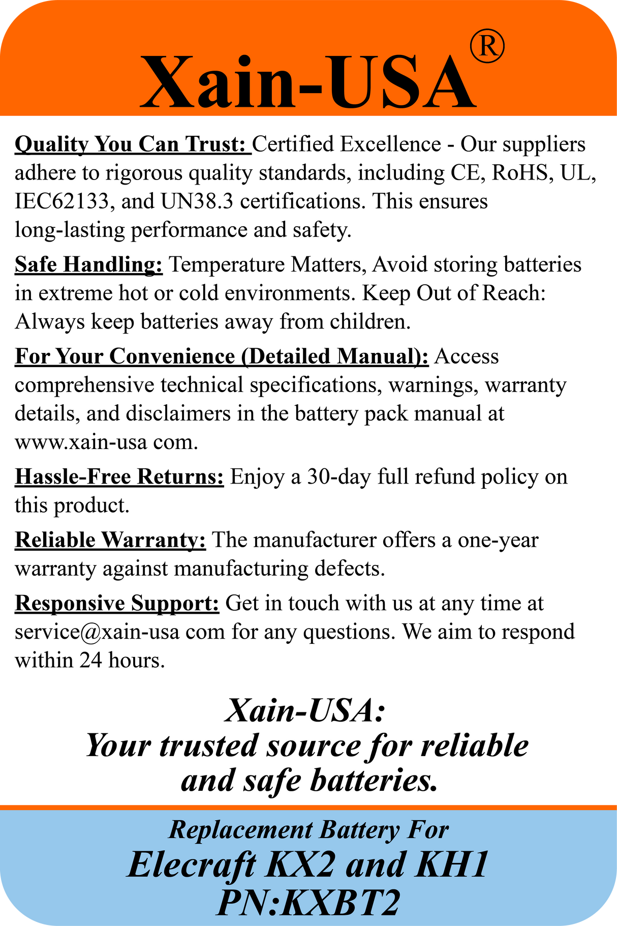 KXBT2 Replacement Battery for Elecraft KX2 & KH1, 11.1V 2600mAh Rechargeable Li-ion with Xain-Xtra Cells, 1000+ Cycle Life, BMS with Balancing & Temperature Sensing