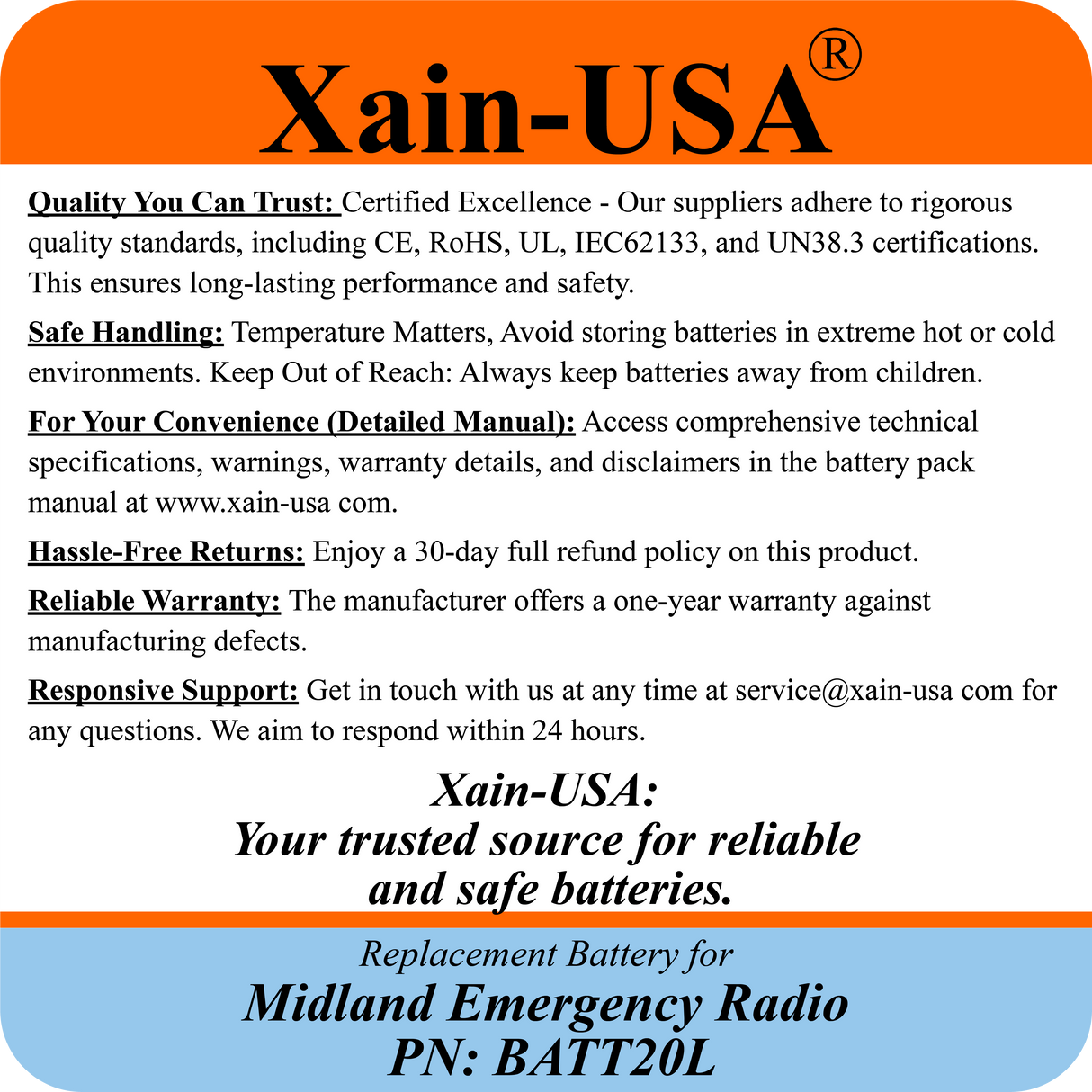 3350mAh Replacement Battery for Midland Radios PN: BATT20L First Gen. ER200 ER210 ER300 ER310