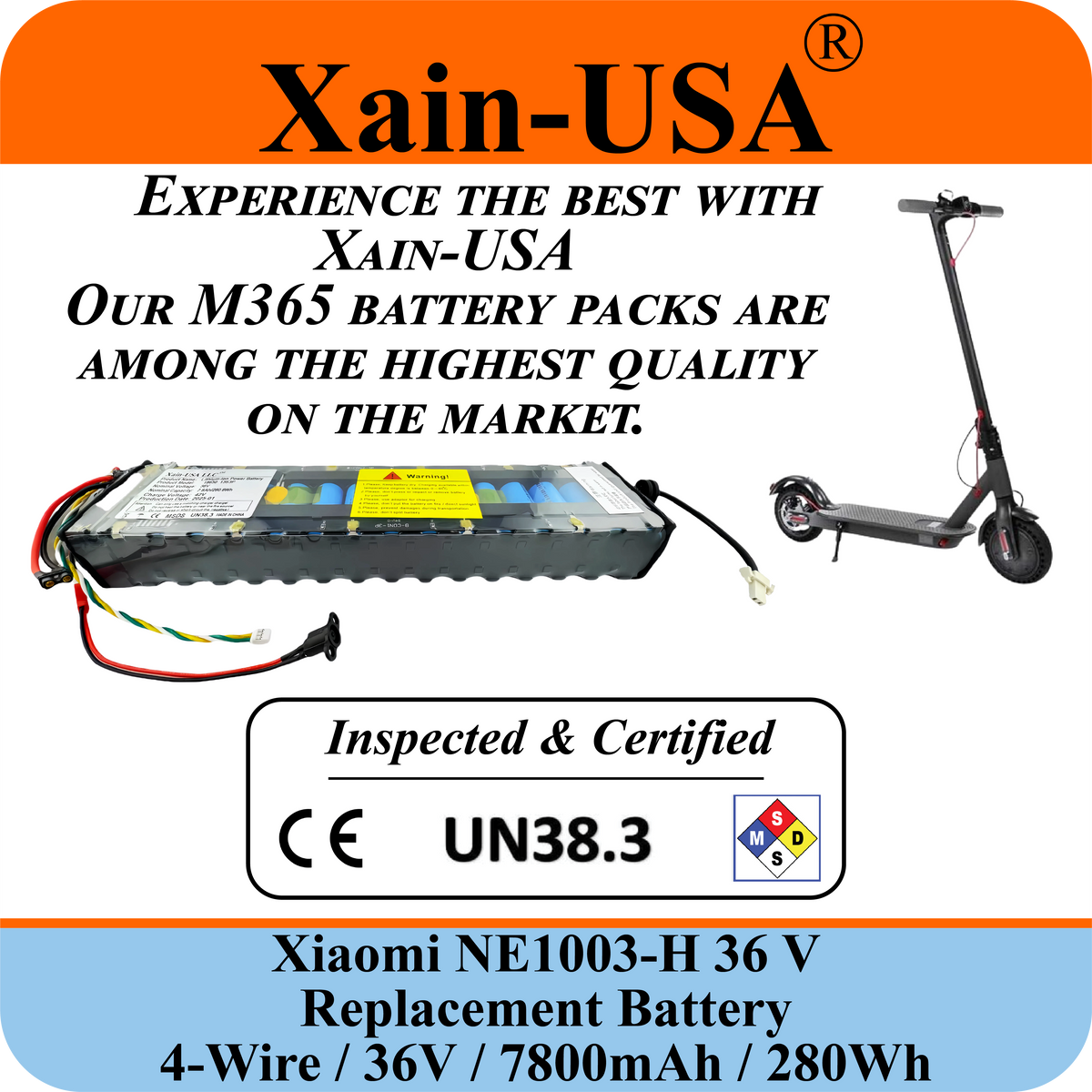 Replacement Battery For Xiaomi M365 PN: NE1003-H (36V 7800mAh, 280Wh) with Built-in Communication Protocol. Please See Our Catalog for Xiaomi Scooter Compatibility List.