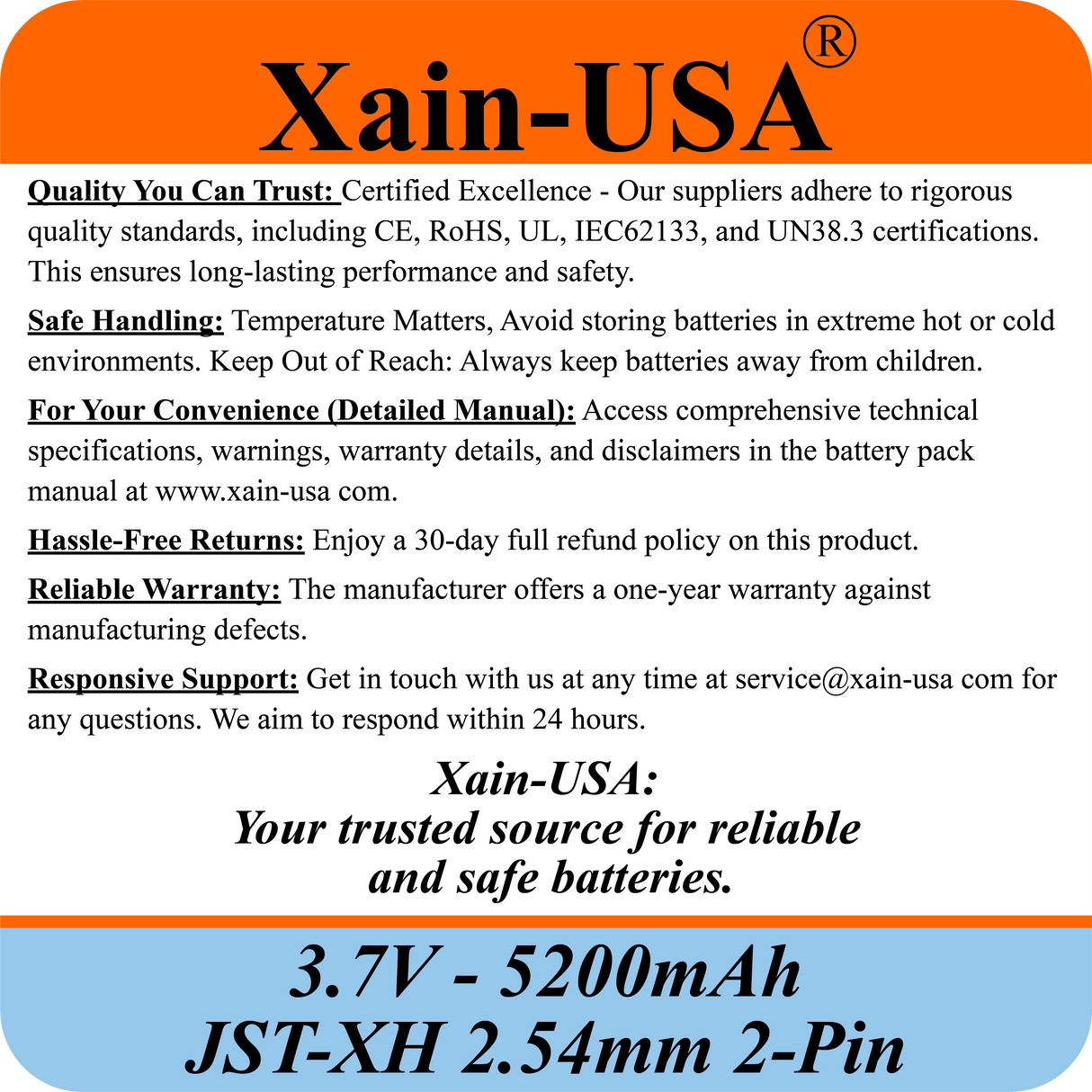 Premium 3.7V 5200mAh / High Drain / 1000+ cycles / Li-ion Battery Pack / with JST-XH 2-pin Plug / Supports 4A Continuous Discharge / Ideal for Bluetooth speakers, toys, lighting, and electronics.