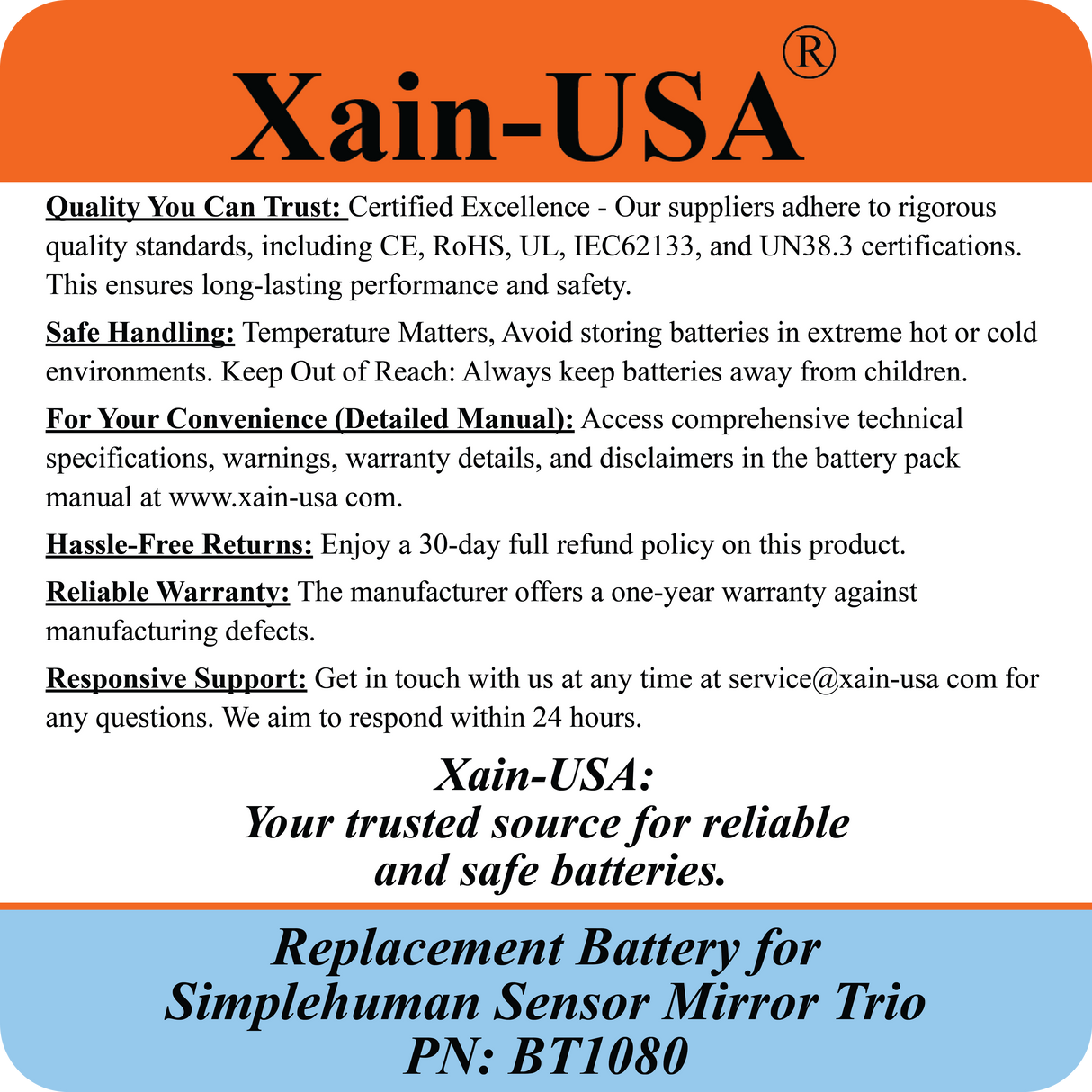 7800mAh ULTRA-CAPACITY Replacement Battery for Simplehuman PN:BT1080 Model: ST3024 Sensor Mirror Trio, 3.7V Rechargeable Li-ion Pack, Built with Xain-Xtra Cells for 1000+ Cycles, Twice the Lifespan of Standard Cells