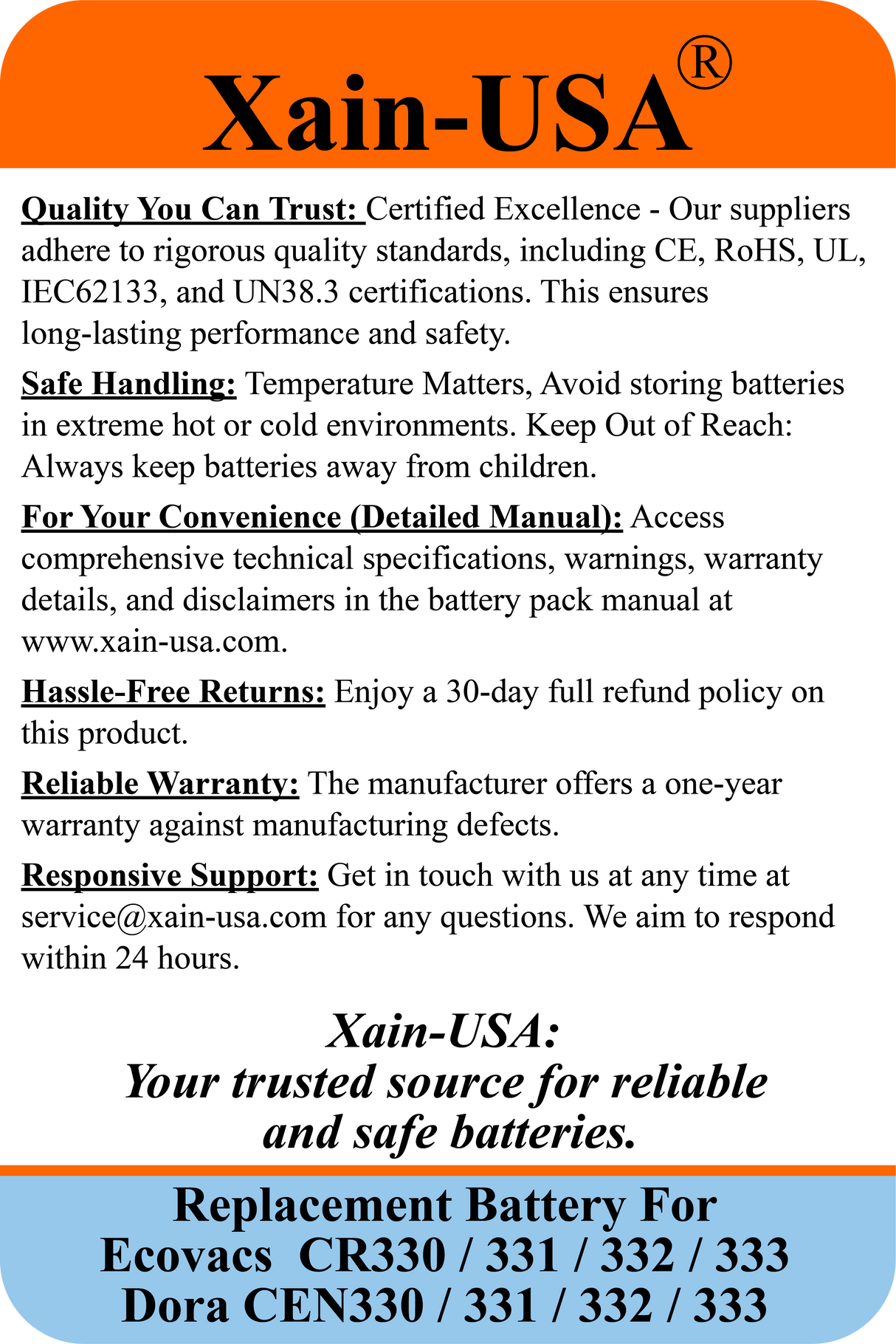 (1-Pack) 11.1V 2600mAh Replacement Battery for Ecovacs CR330, CR331, CR332, CR333, And Dora CEN330, CEN331, CEN332, CEN333 – PN: ICR18650 3S1P & UR18650ZY-3S1P-AAP (28.86Wh)