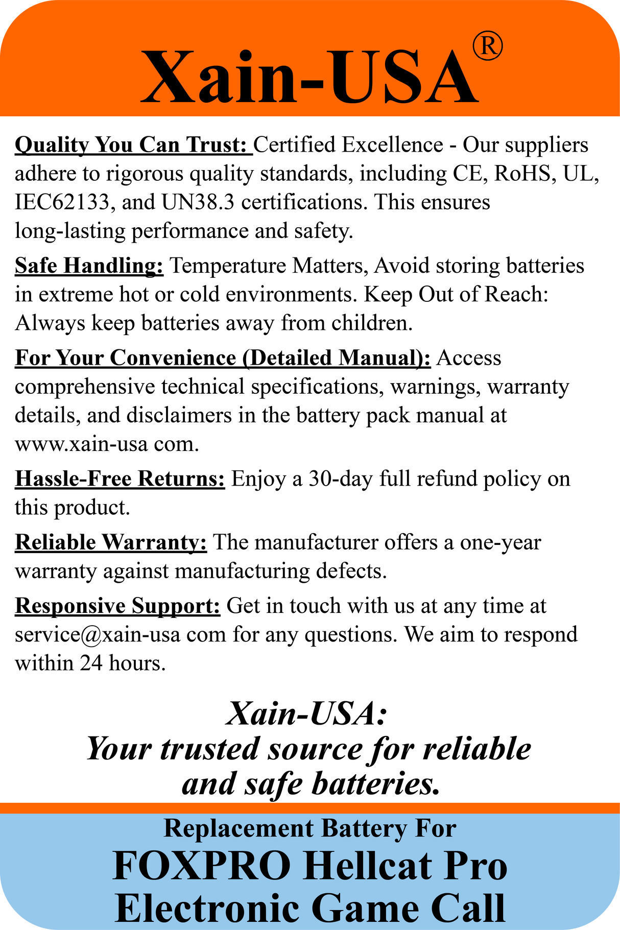 (2x2) SMART Battery Package / 3200mAh High-Capacity Replacement for FOXPRO Hellcat Pro Game Caller. Featuring Xain-Extra cells 1000 charge cycles. Comes with charger adapter / PN: 34317 / 11.1V 3S1P