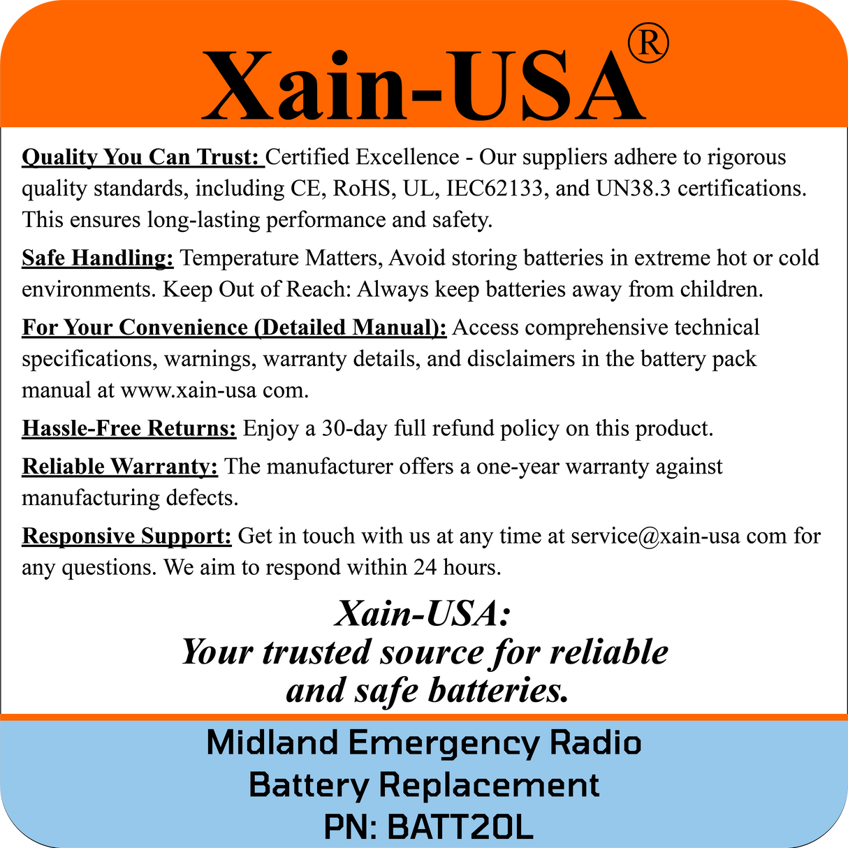 (2-Pack) PN: BATT20L Replacement Battery for Midland Emergency Radio ER200, ER300, ER210 (1st Gen), ER310 (1st Gen) – 2600mAh Li-ion, Future Xain-Xtra 1000+ Cycle Cell