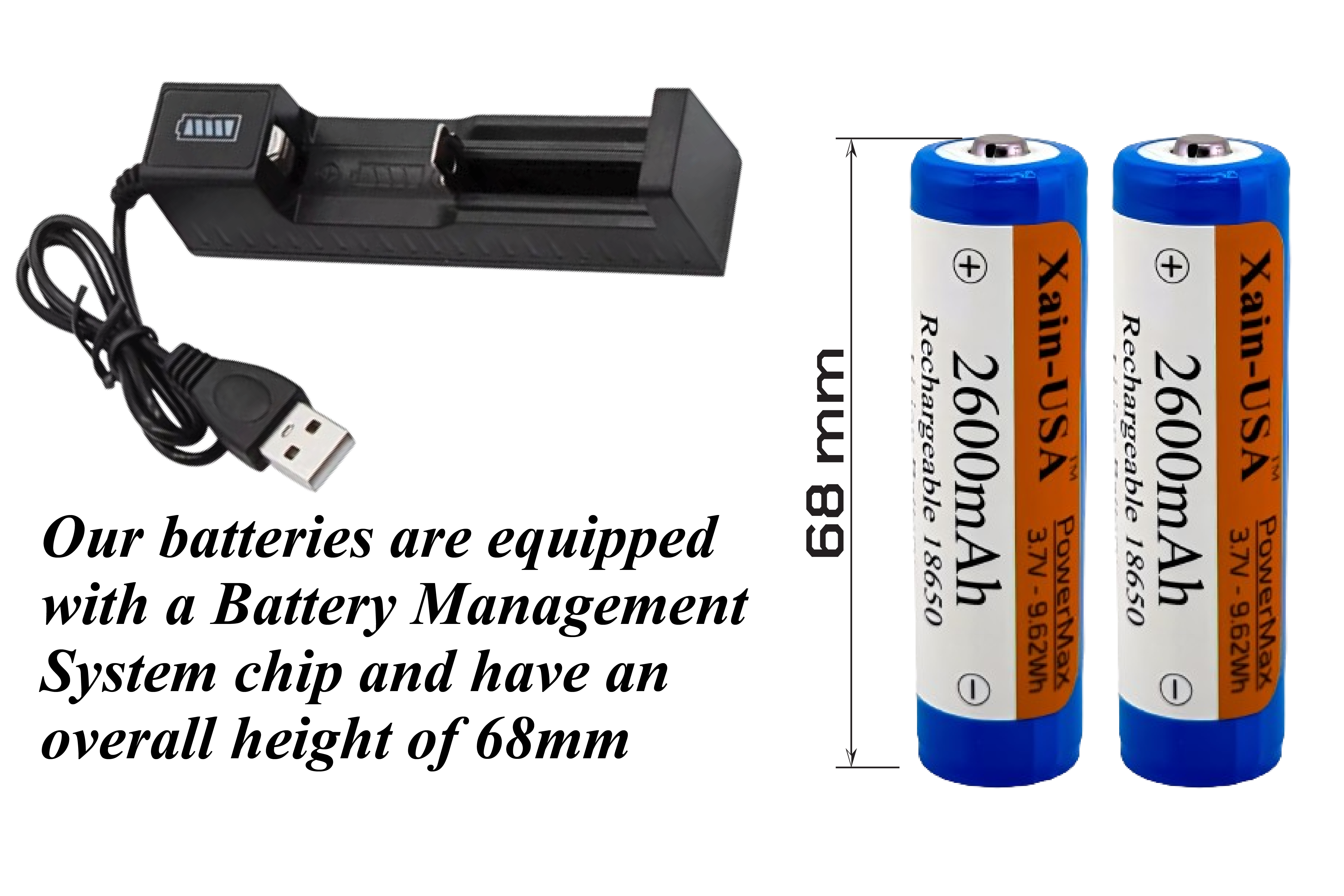 2-Pack 3.7V 2600mAh 18650 Button-Top Rechargeable Batteries with Single Cell Charger.