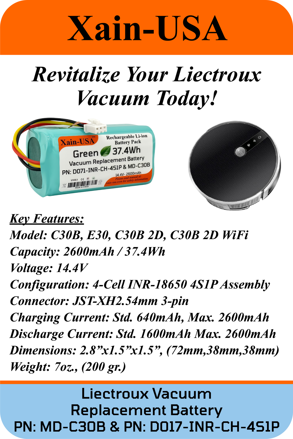 2600mAh PN:D071-INR-CH-4S1P & PN:MD-C30B Replacement battery for Liectroux E30 C30B 2D WiFi Robot Vacuum Cleaner Midea M4 NEO 830P iHRV2 XBOOST BPK-VCBB1XB V-tac VT-5555/5556