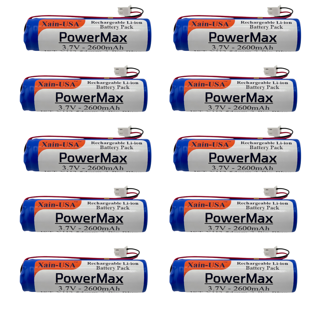 (10-Pack) 3.7V 2600mAh Li-ion Battery Pack (9.62Wh) with JST-XH 2-Pin Connector – Rechargeable 1S Pack for RC Cars, Robots, LED Lights, Portable Electronics, DIY Electronics Products