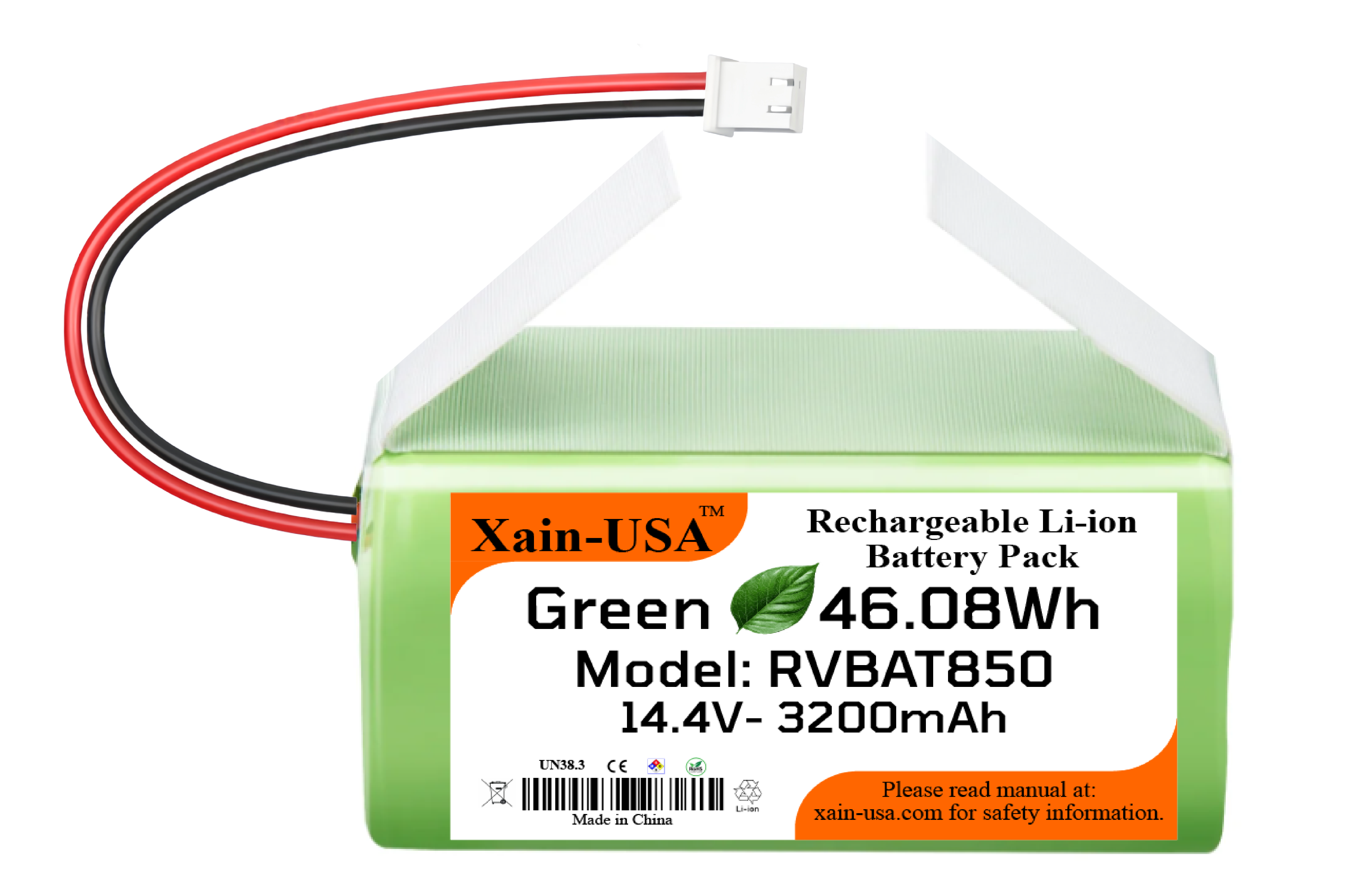 14.4V 3200mAh RVBAT850 Replacement Battery: 2-Prong Connector. Compatible with: Shark Ion Robot Vacuum Models R75, RV761, RV850C, RV1000S, UR1000SR_N, RV700_N, RV720_N, Equipped with (BMS).