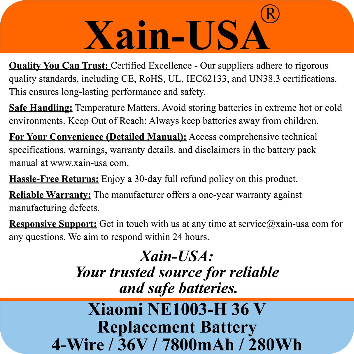 High-Performance Replacement Battery For Xiaomi M365 PN: NE1003-H (36V 7800mAh, 280Wh) with Built-in Communication Protocol. Please See Our Catalog for Xiaomi Scooter Compatibility List.