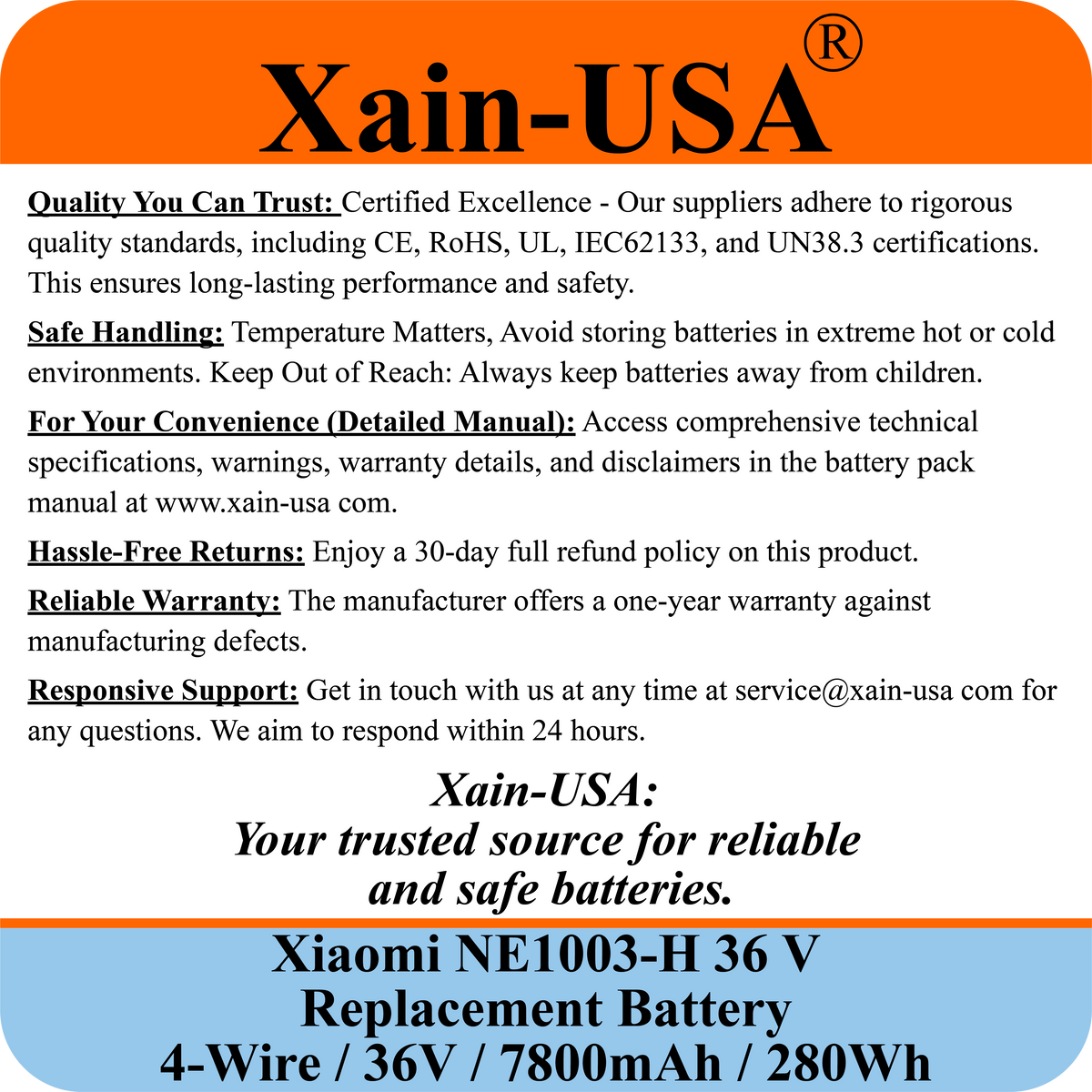 Replacement Battery For Xiaomi M365 PN: NE1003-H (36V 7800mAh, 280Wh) with Built-in Communication Protocol. Please See Our Catalog for Xiaomi Scooter Compatibility List.
