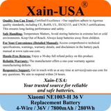Replacement Battery For Xiaomi M365 PN: NE1003-H (36V 7800mAh, 280Wh) with Built-in Communication Protocol. Please See Our Catalog for Xiaomi Scooter Compatibility List.