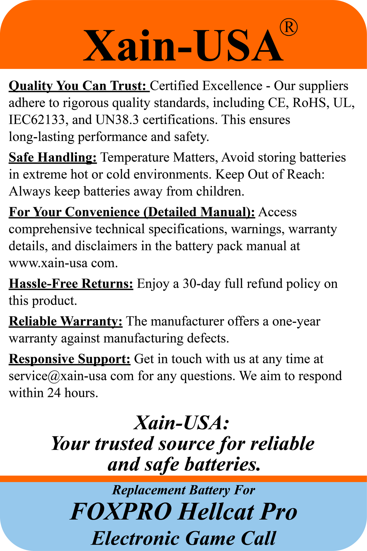 (2x2) SMART Battery Package / 3200mAh High-Capacity Replacement for FOXPRO Hellcat Pro Game Caller. Featuring Xain-Extra cells 1000 charge cycles. Comes with charger adapter / PN: 34317 / 11.1V 3S1P