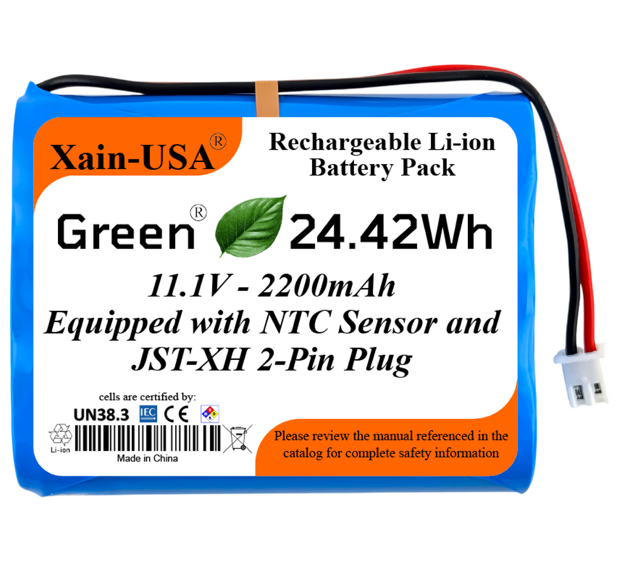11.1V 2200mAh Rechargeable Li-ion Battery Pack, 3S1P 18650, 24.42Wh, JST-XH 2-Pin Connector, Built-in BMS Protection and NTC Temperature Sensor