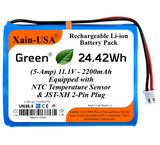 Xain-USA 11.1V 2200mAh blue battery pack with white JST-XH 2-pin plug and NTC sensor label.
