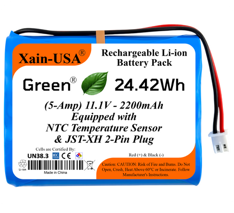 Xain-USA 11.1V 2200mAh blue battery pack with white JST-XH 2-pin plug and NTC sensor label.