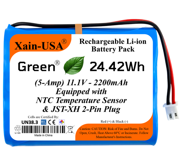Xain-USA 11.1V 2200mAh blue battery pack with white JST-XH 2-pin plug and NTC sensor label.
