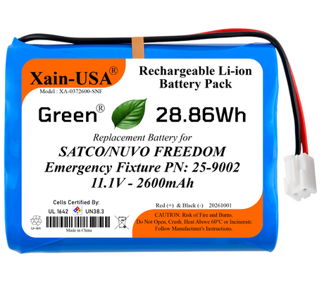 Xain-USA 11.1V 2600mAh Replacement Battery for SATCO/NUVO FREEDOM Emergency Fixture | Replaces 25-9002 | Built-In BMS & 10KΩ NTC Thermistor